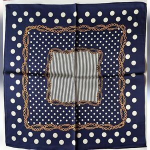 Women Silky Scarf Square Chain Print Polka Dot Navy Blue Head Scarf Satin Shawl